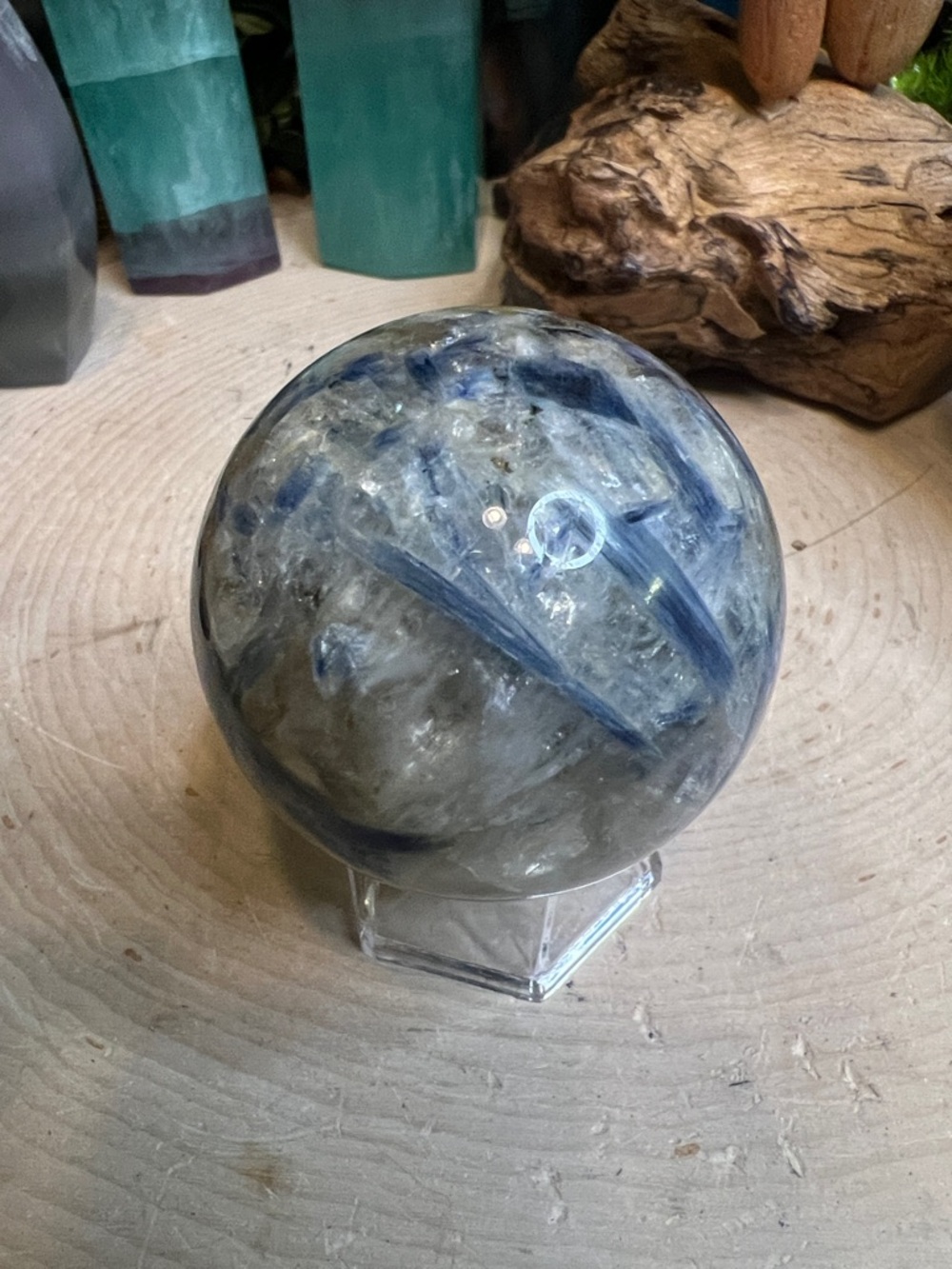 Blue kyanite in quartz sphere